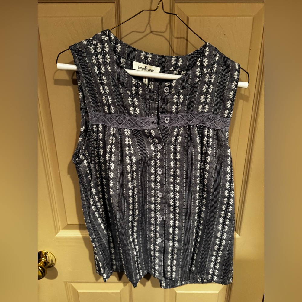 Sleeveless blue/white Patterned Blouse by emmie rose